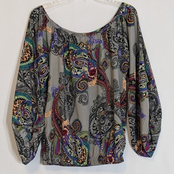 Yahada Tops - YAHADA U.S.A. Gray Paisley Long Sleeve Boho Peasant Pullover Top; Size M